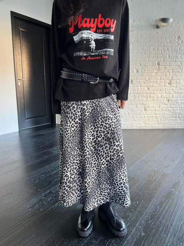 後鬆緊腰豹紋長裙 
