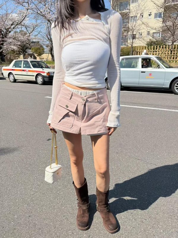 腰拼色兩扣單口袋褲裙 