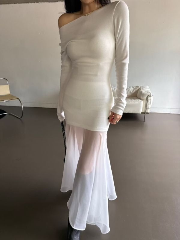 極美法式拚接斜領洋裝 