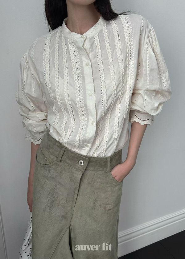 蕾絲圓領長袖襯衫 