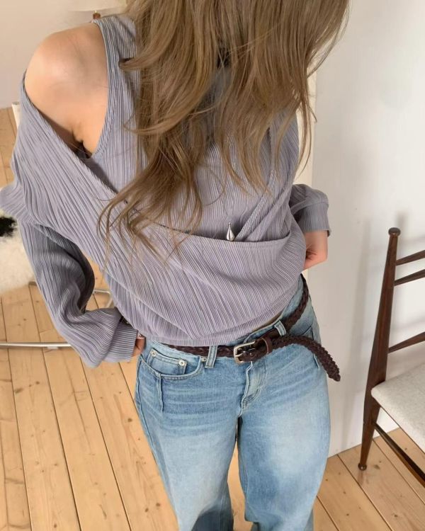 兩件式露肩皺褶上衣 