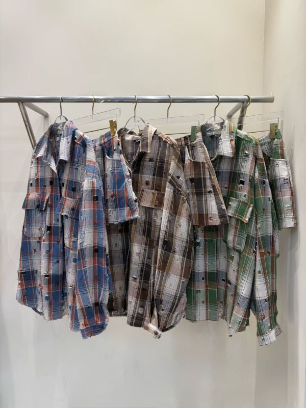 破損洗舊格紋襯衫/格紋短褲 