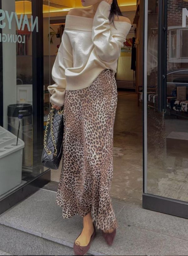 後鬆緊腰豹紋長裙 