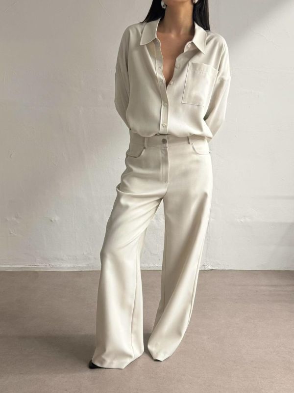 質感不易皺開衩襯衫/鬆弛不易皺直筒小喇叭褲 