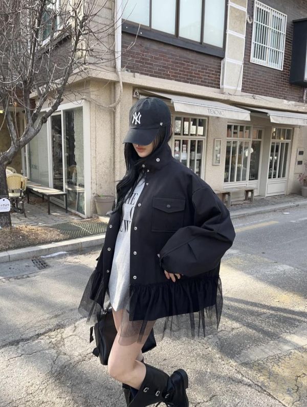 下擺網紗拼接立領風衣外套 