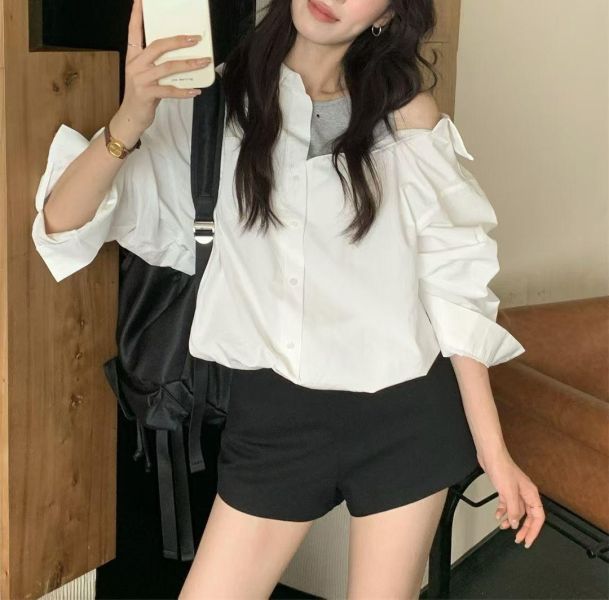 拼接露肩長袖襯衫 