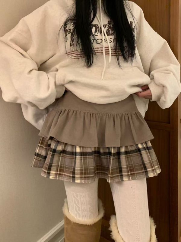 鬆緊腰格紋拼接短裙 