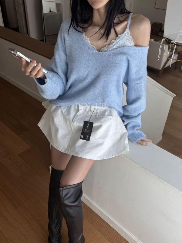 V領針織衫+蕾絲背心Set 