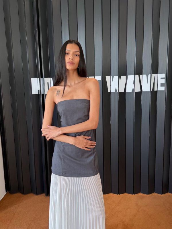 平口西裝拼百摺長洋裝 