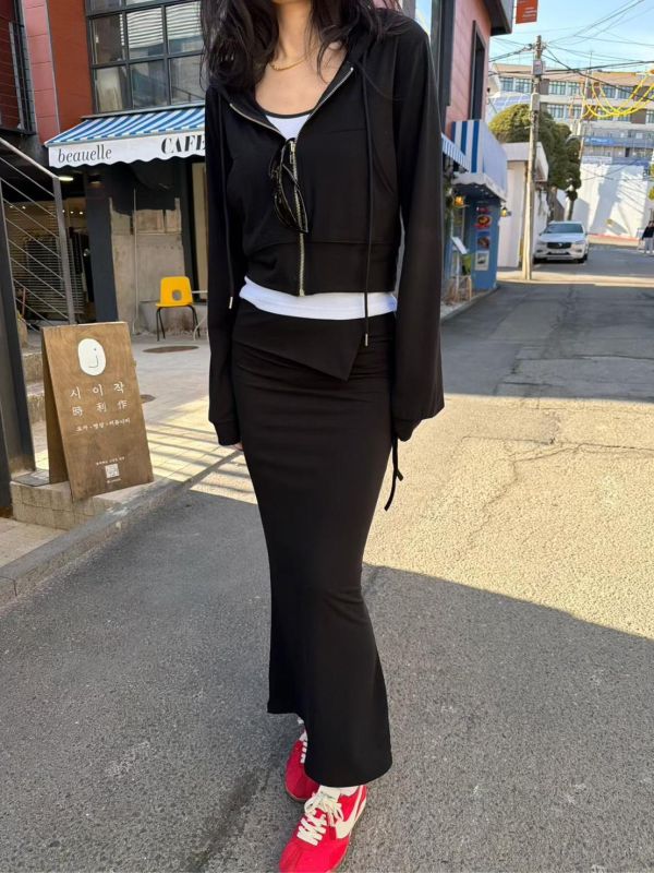 連帽短版棉質小外套/小包臀棉質反摺長裙 