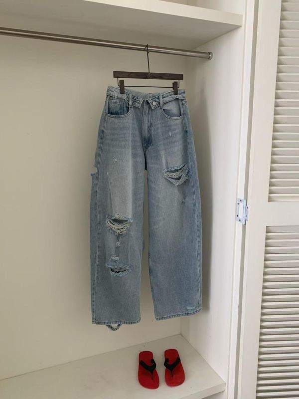 摺腰頭割破高腰牛仔褲 