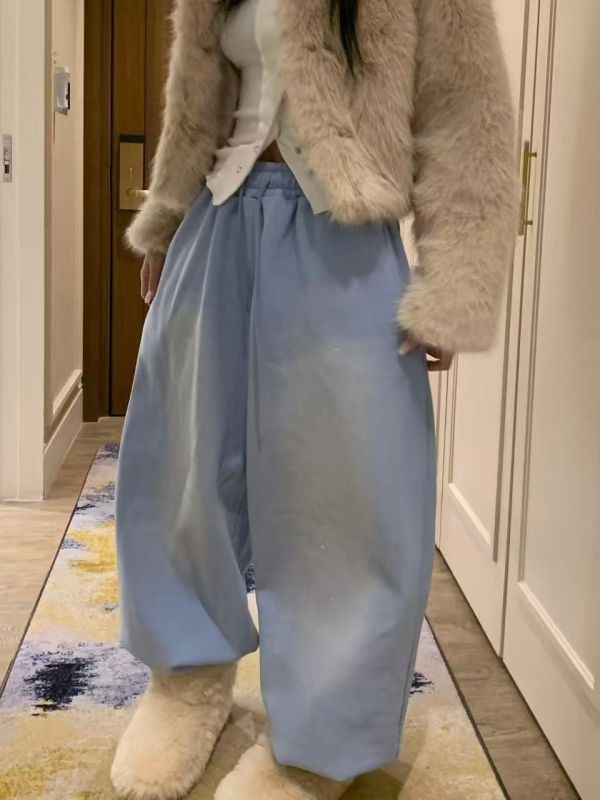 磨白油漆寬鬆抽繩加絨休閒褲 