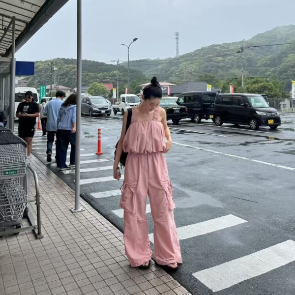 前綁帶鬆緊肩帶雲朵背心/抽繩綁帶口袋花花紋路長褲 