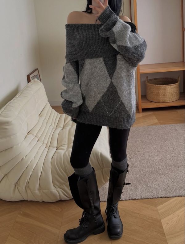 羊毛20%菱紋慵懶平口堆堆毛衣洋裝 