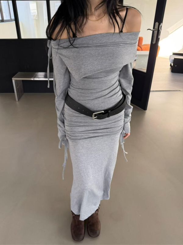 翻領露肩上衣+皺褶顯瘦長裙Set 