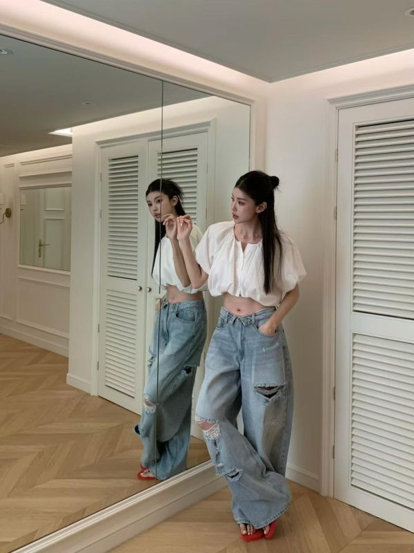 摺腰頭割破高腰牛仔褲 