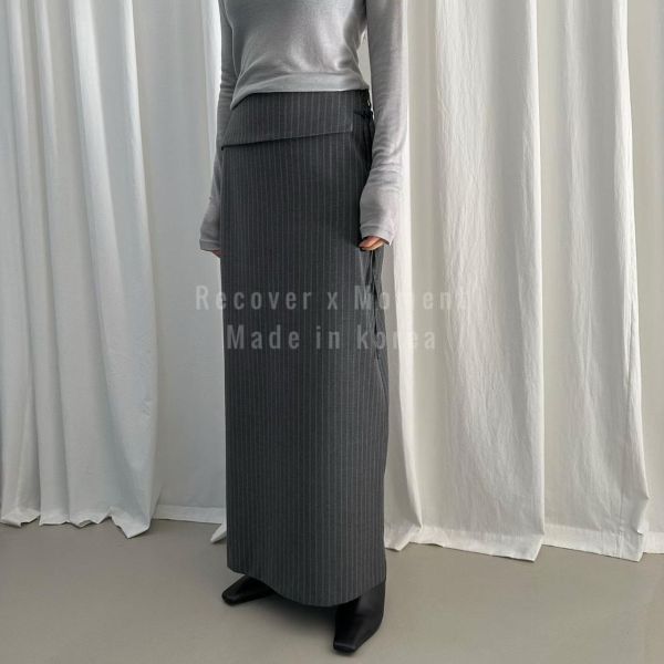 翻領側綁顯瘦條紋西裝裙 