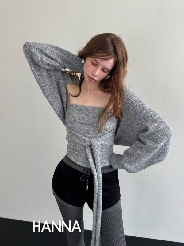 慵懶風無袖綁帶針織衣+針織罩衫外套Set 