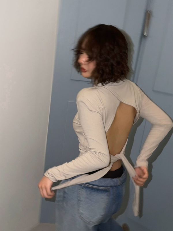 性感露背綁帶微立領上衣 