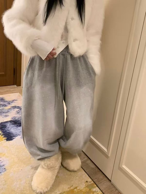 磨白油漆寬鬆抽繩加絨休閒褲 