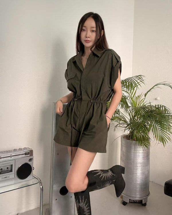 工裝感縮腰連身短褲 