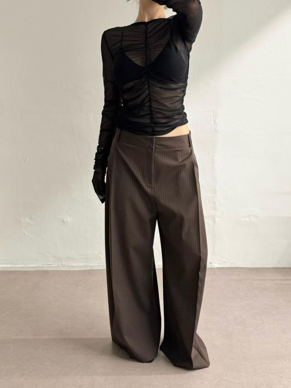 歐美直條紋西裝寬褲 