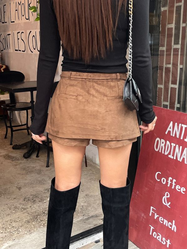 復古雙層麂皮絨短褲裙 