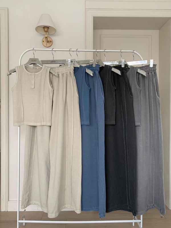 洗色外縫線壓扣背心/洗色外縫線薄毛巾棉長褲 