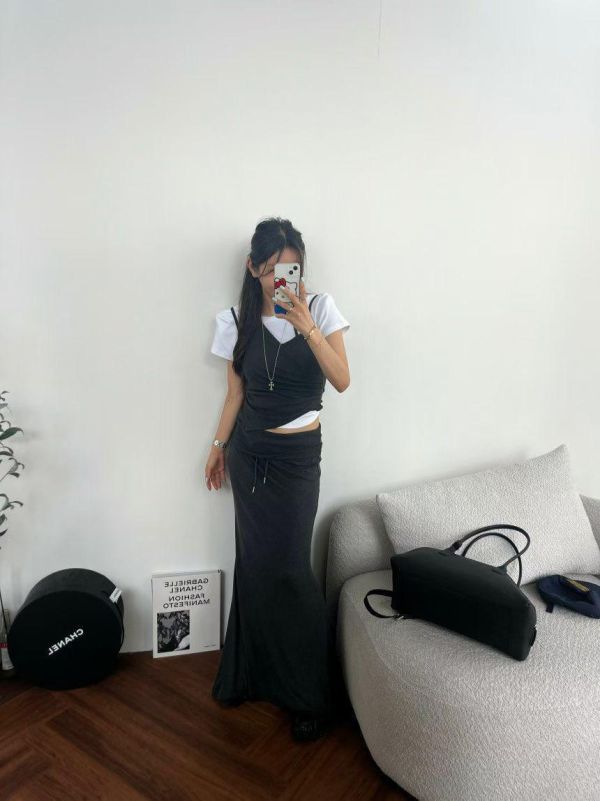 反摺抽繩棉質長裙(春夏款) 