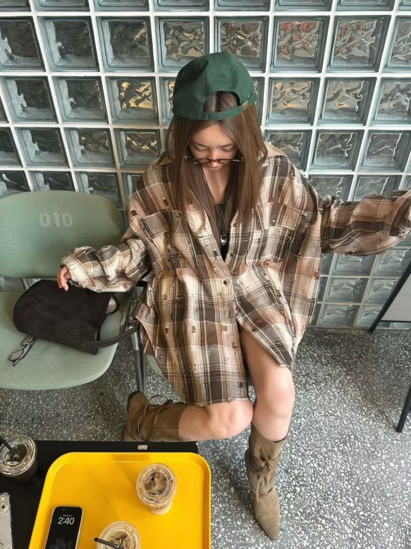 破損洗舊格紋襯衫/格紋短褲 