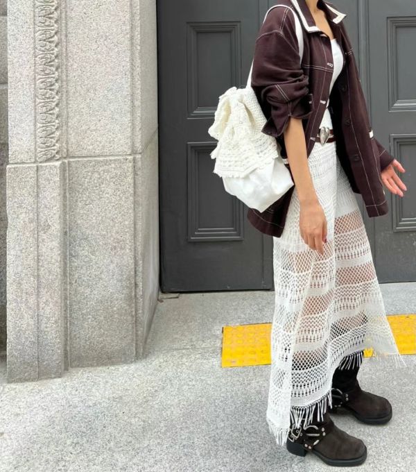 網狀蕾絲流蘇長裙 