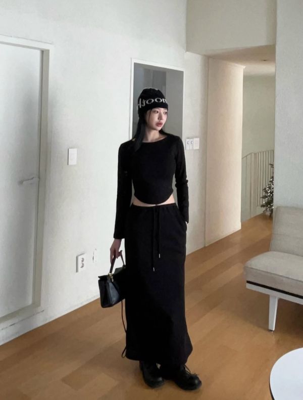 修身長袖上衣/抽繩修身長裙 