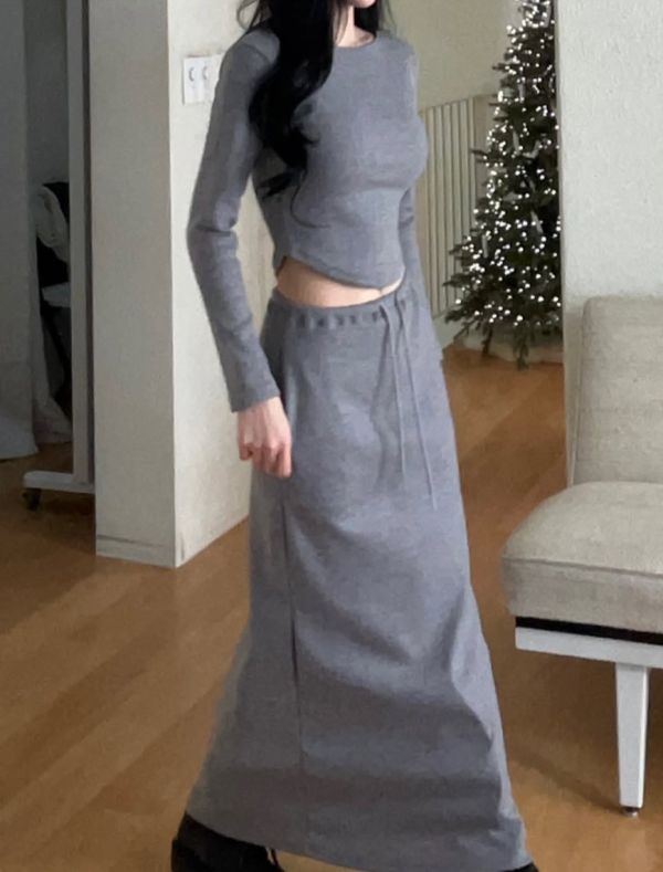 修身長袖上衣/抽繩修身長裙 