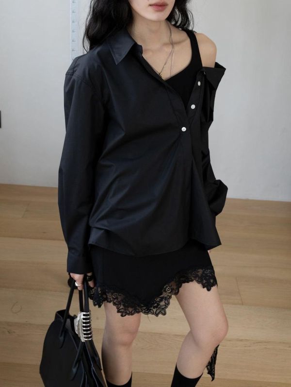 不對稱下擺蕾絲拼接裙 