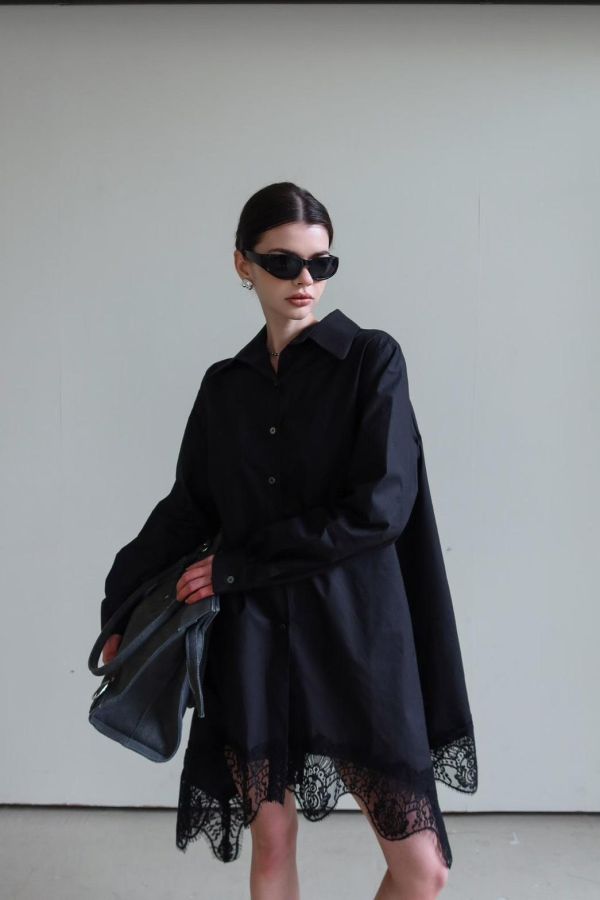 下擺蕾絲不規則襯衫洋裝 