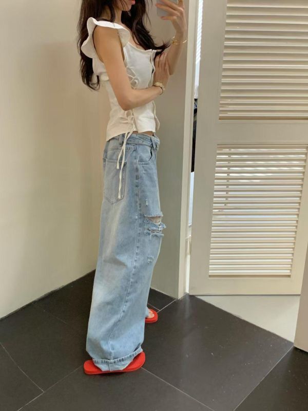 摺腰頭割破高腰牛仔褲 