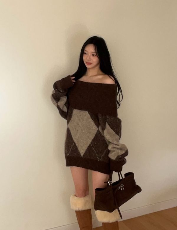 羊毛20%菱紋慵懶平口堆堆毛衣洋裝 