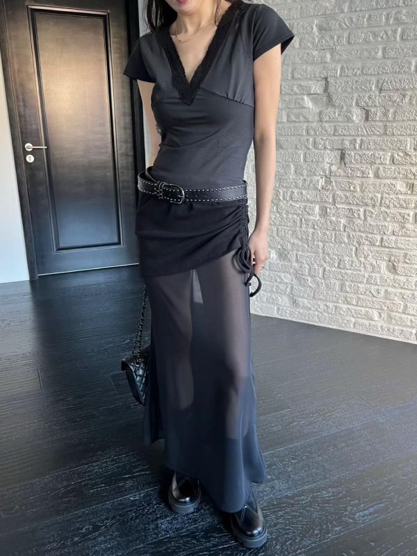 抽繩透膚性感長裙 