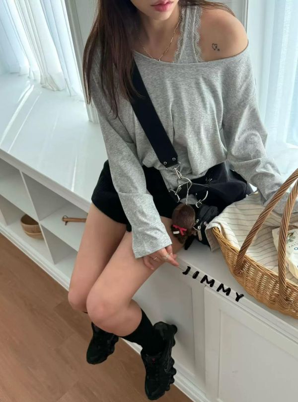 滾邊蕾絲背心+長袖上衣Set 