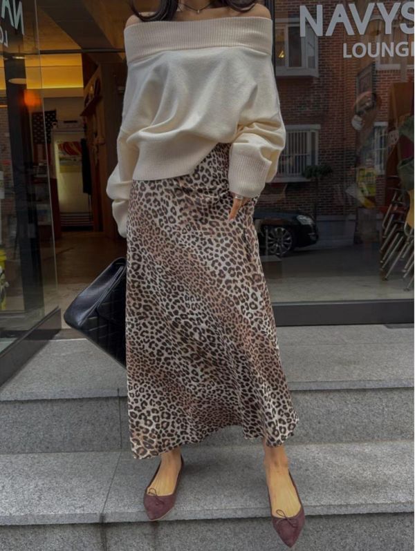 後鬆緊腰豹紋長裙 
