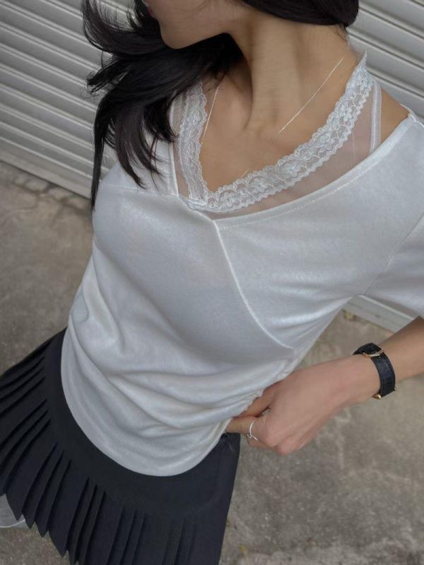 低領蕾絲掛脖短袖上衣 