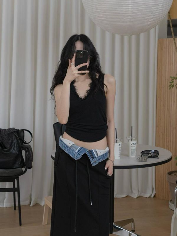 繞脖蕾絲假兩件背心 