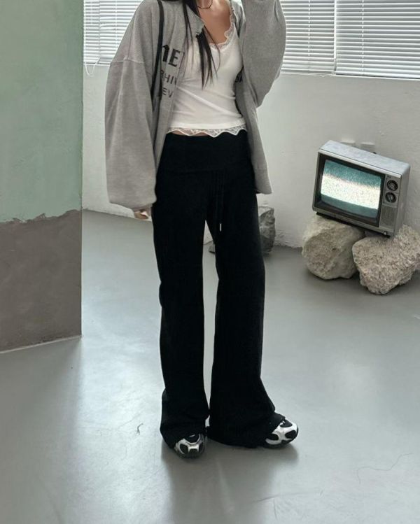 反摺褲頭喇叭神長褲 