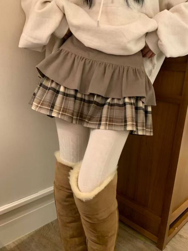 鬆緊腰格紋拼接短裙 