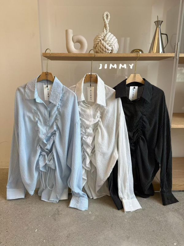 條紋皺褶抽繩襯衫外套 