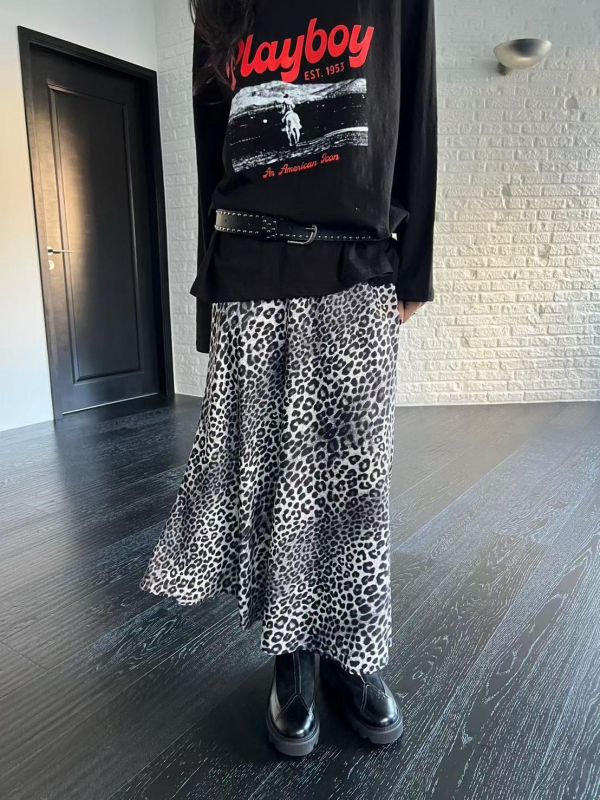 後鬆緊腰豹紋長裙 
