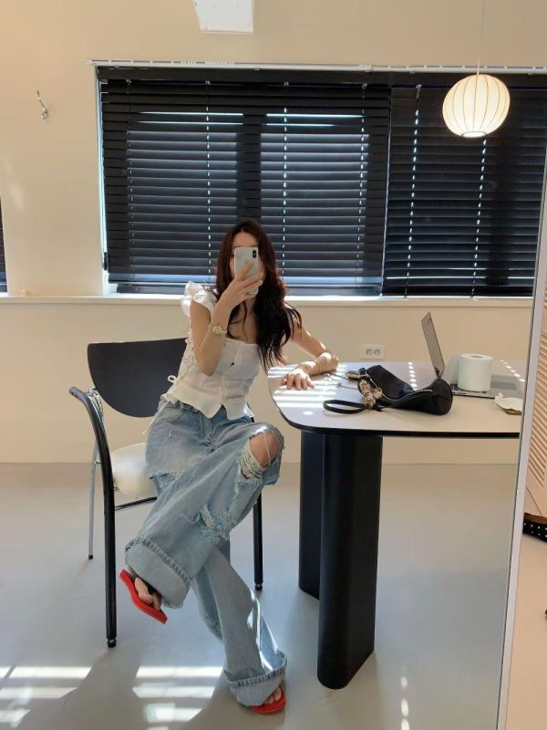 摺腰頭割破高腰牛仔褲 