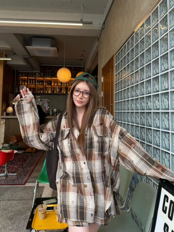 破損洗舊格紋襯衫/格紋短褲 