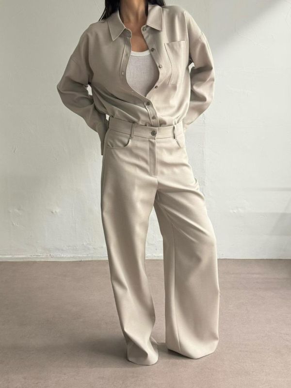 質感不易皺開衩襯衫/鬆弛不易皺直筒小喇叭褲 