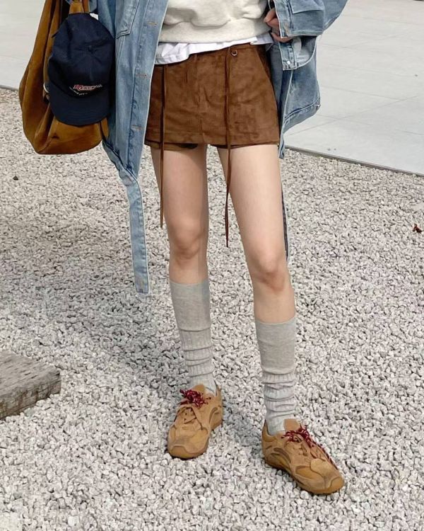 復古雙層麂皮絨短褲裙 